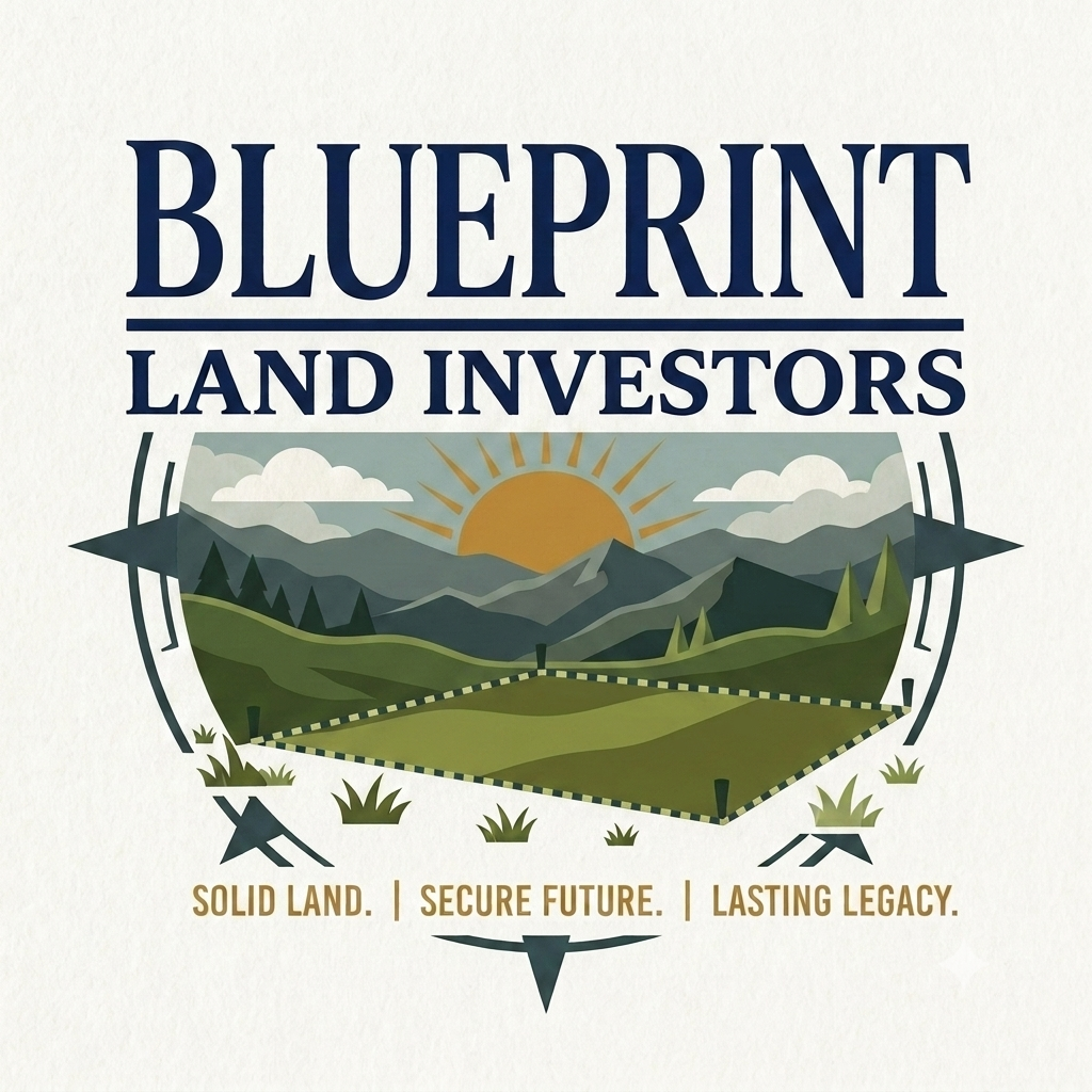 Illustration of a surveyed parcel of land at sunrise with mountains in the background